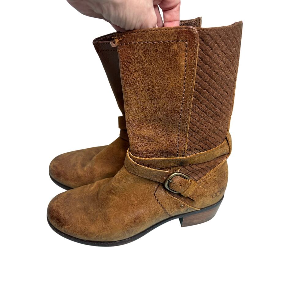 UGG Women's Lula Mae boots featuring distressed leather embossed suede panels 8